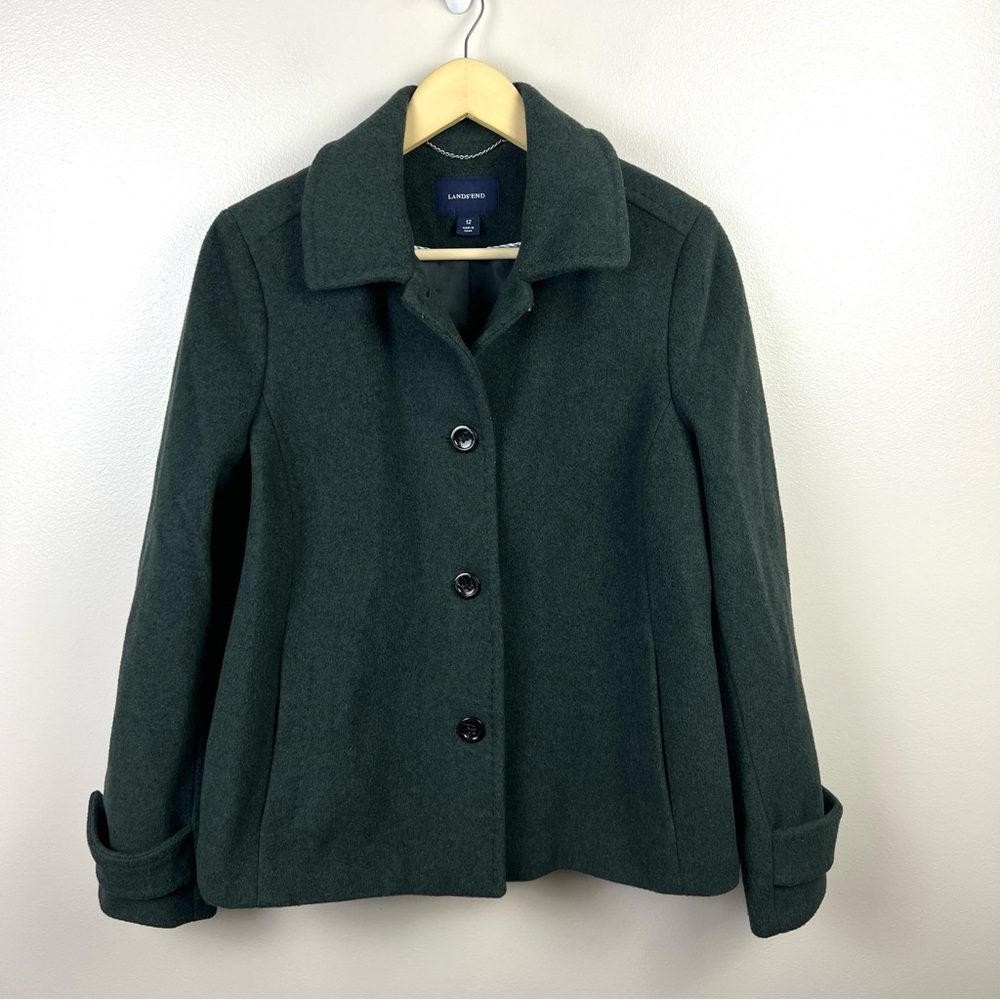 Land’s End Wool Blend Pea Coat Womens Size 12 Green Lined Winter Fall Casual
